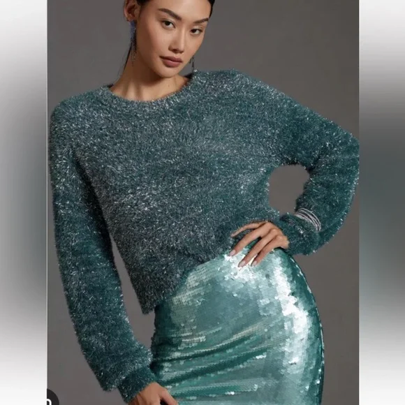 Anthropologie Maeve Tinsel Eyelash Sweater Size XL Teal Green - Picture 1 of 13
